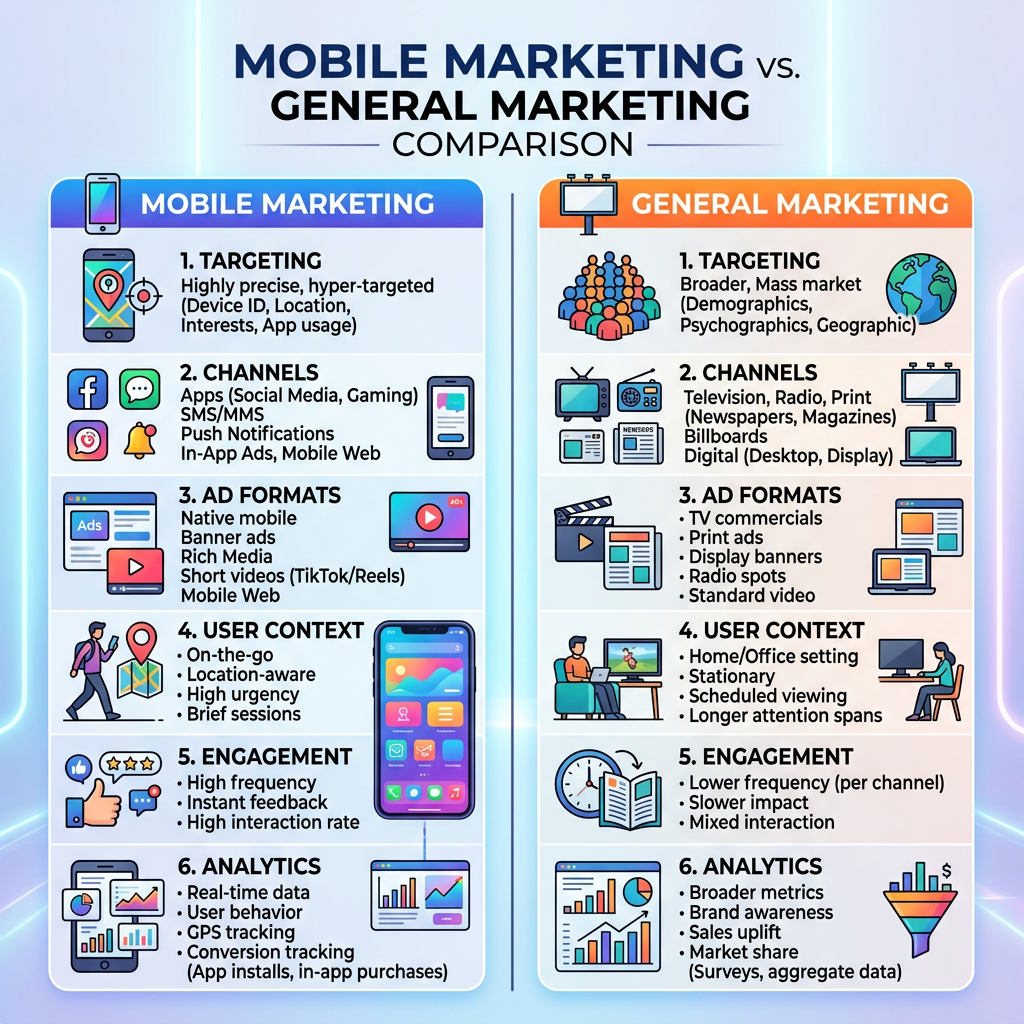Current image: Comparison of mobile marketing and general marketing covering targeting, channels, ad formats, user context, engagement, and analytics